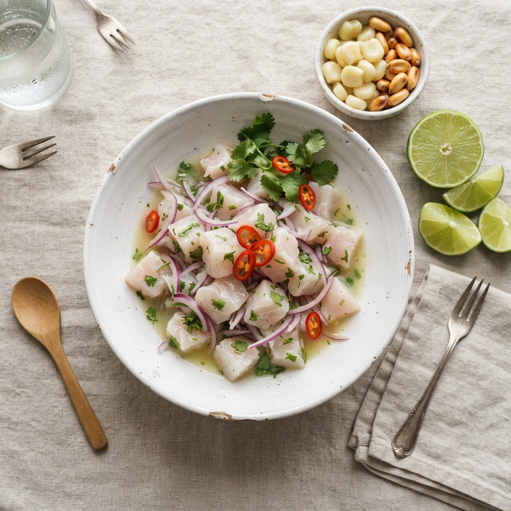 Fresh Peruvian ceviche with red onion and cilantro in a white ceramic bowl