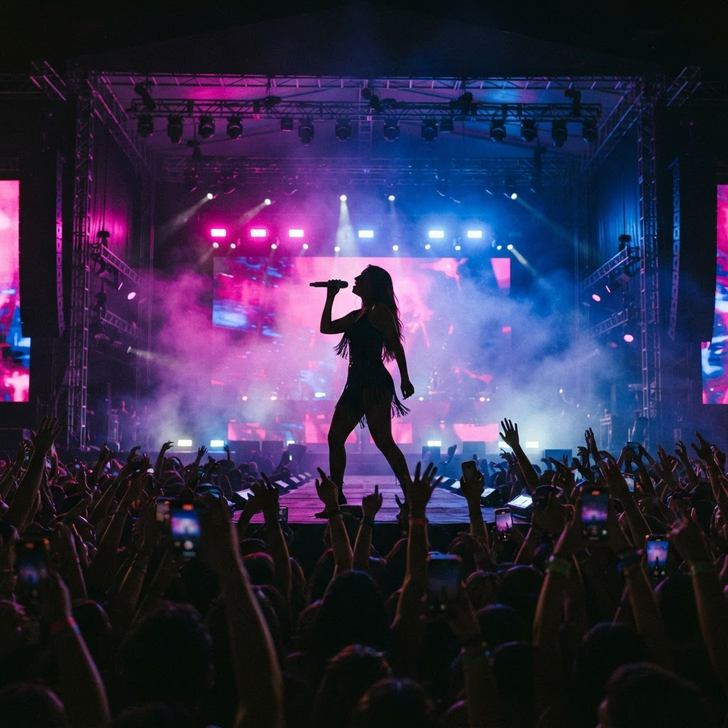 A performer singing on stage under magenta and blue concert lighting