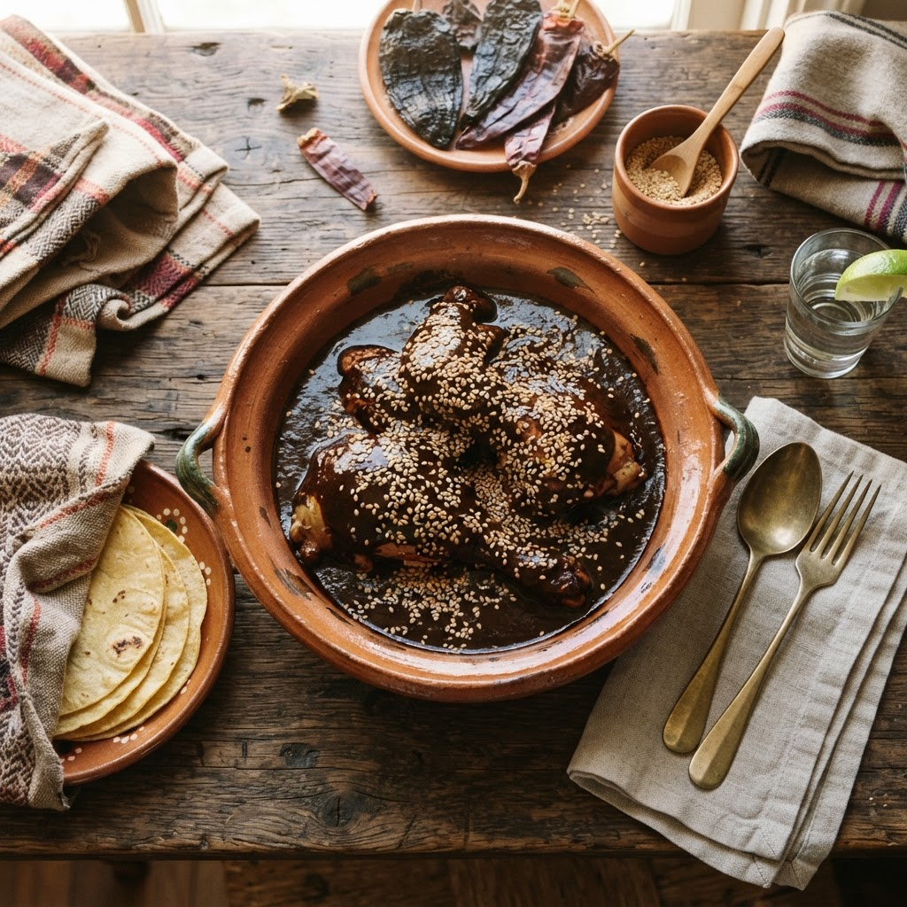 A rich dark Oaxacan mole sauce over chicken in a rustic clay bowl