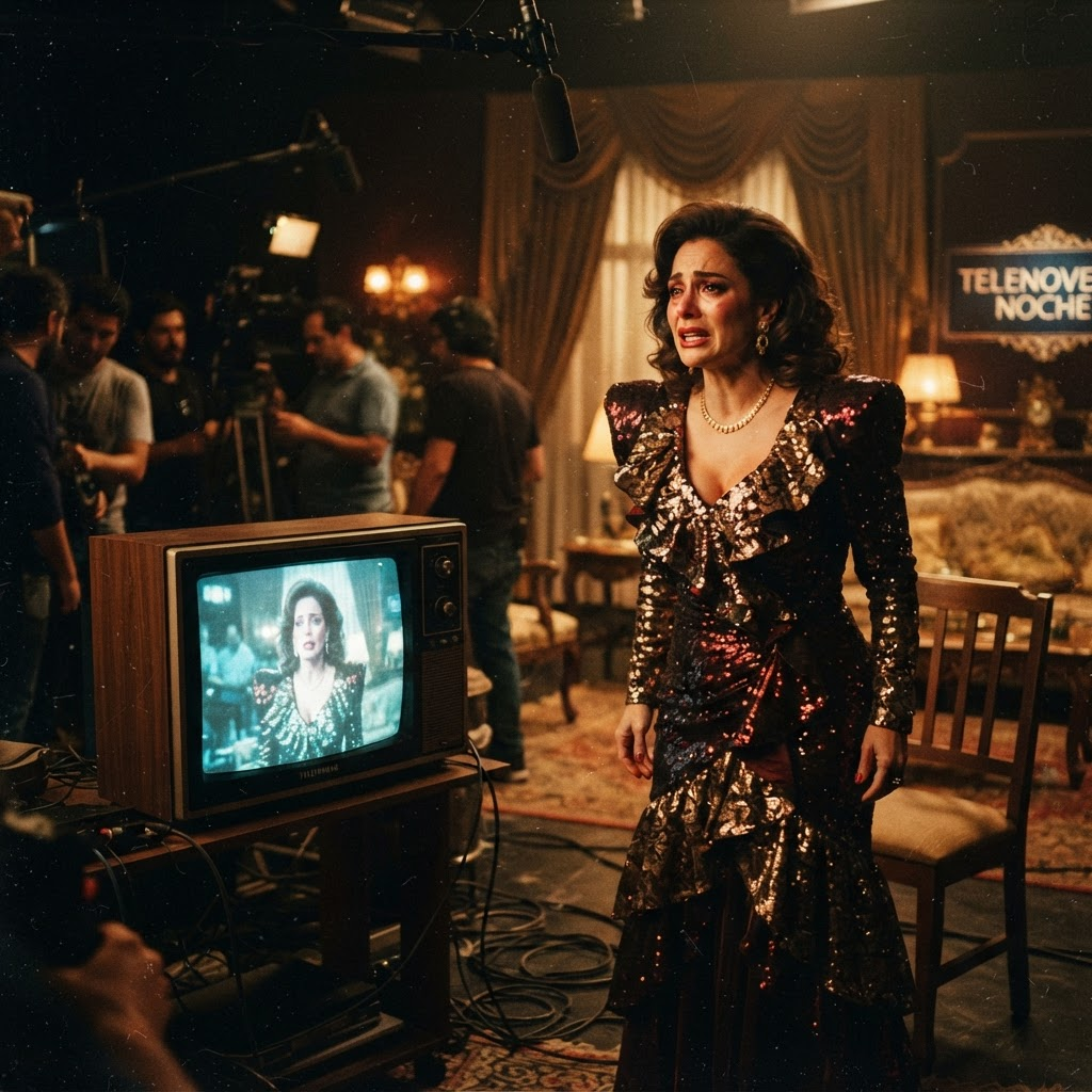 A dramatic actress lit under warm studio lighting evoking a classic telenovela set