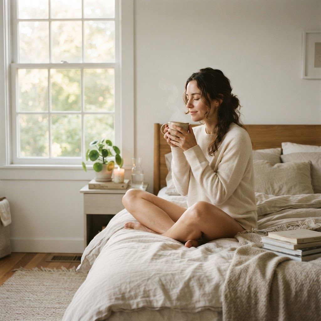 A woman calmly drinking tea by a sunlit window during a morning wellness ritual